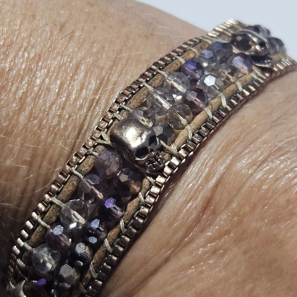 Nakamol Copper Colored Purple Beaded Leather Skull Bracelet 6.5/7.5"